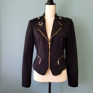 White House Black Market Woman's LS Black Stretch Zip Buckle Moto Jacket Size 6